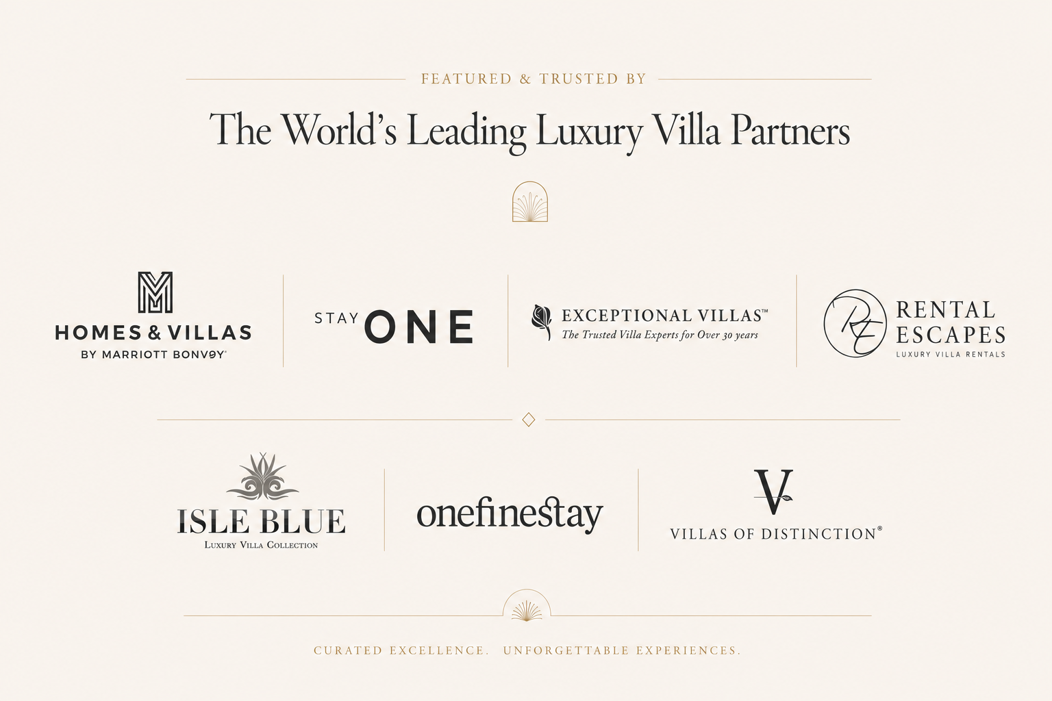 Featured and trusted by the world's leading luxury villa partners — Homes & Villas by Marriott Bonvoy, StayOne, Exceptional Villas, Rental Escapes, Isle Blue, onefinestay, and Villas of Distinction